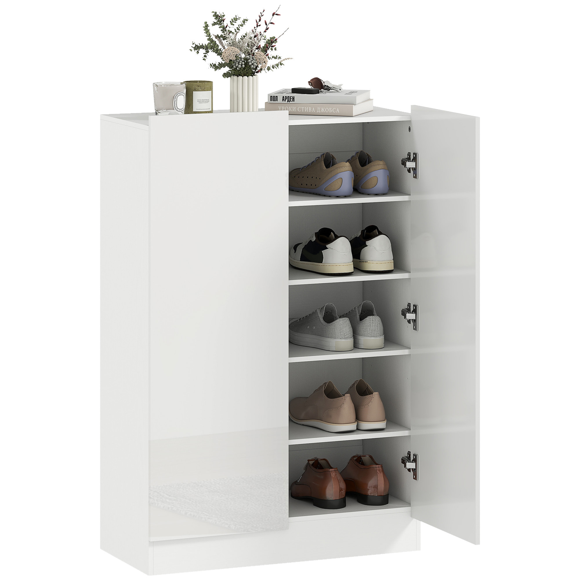 Zapatero de 2 Puertas con Cierre Suave, Zapatero Entrada Recibidor con Estantes Ajustables, Agujeros de Ventilación, para 20 Pares de Zapatos, 72x34,5x103 cm, Blanco Brillo