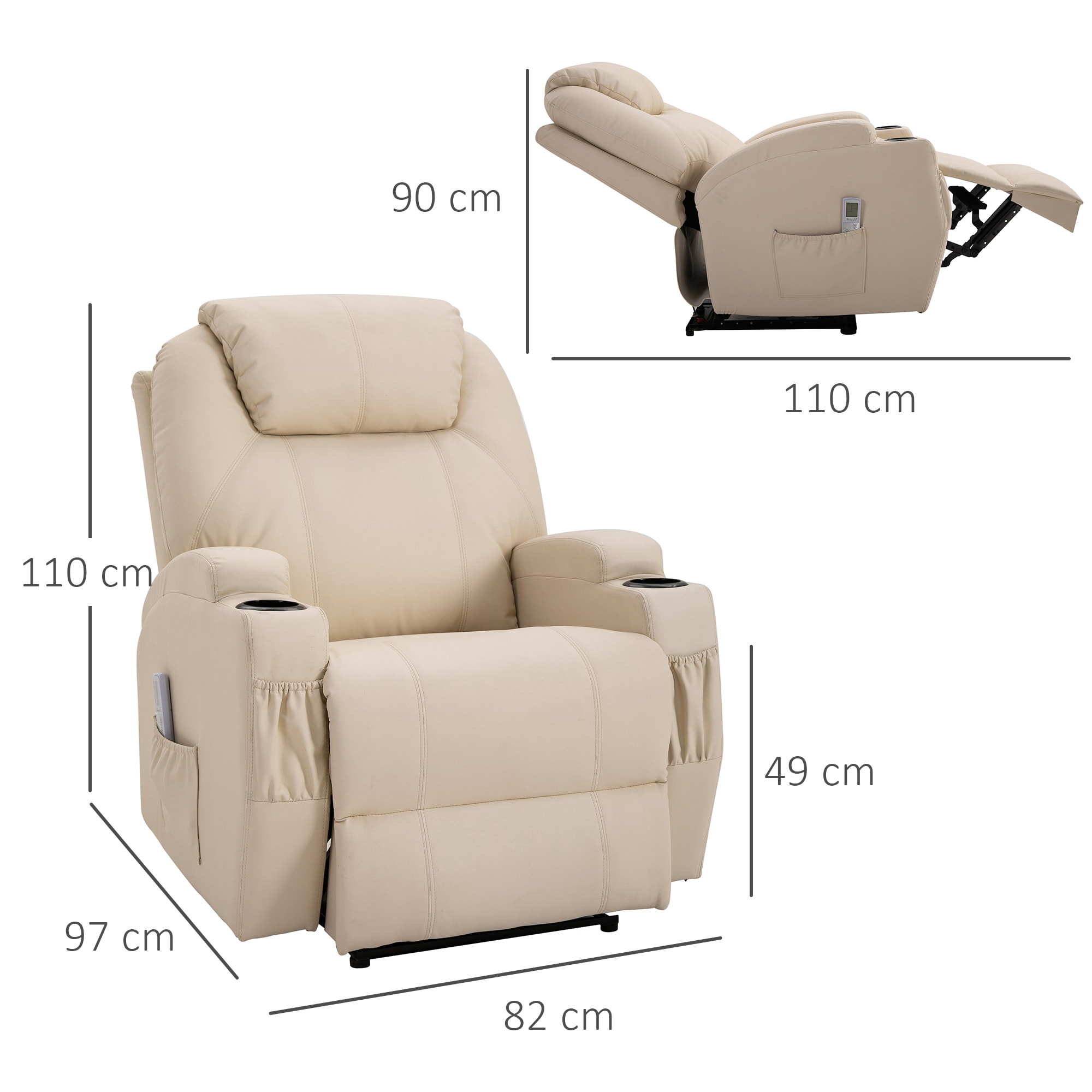 Fauteuil luxe de relaxation et massage inclinaison dossier repose-pied électrique revêtement synthétique crème