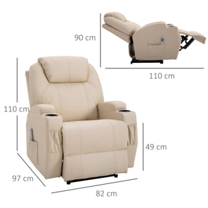 Fauteuil luxe de relaxation et massage inclinaison dossier repose-pied électrique revêtement synthétique crème