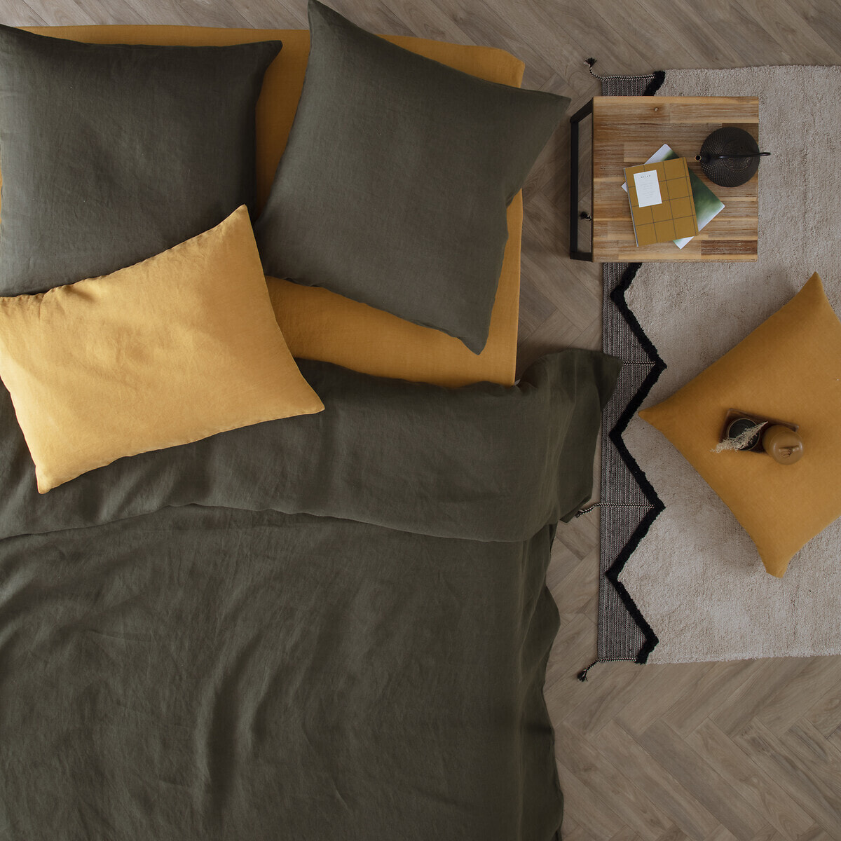 Drap-housse "Linah" - jaune ocre - lin lavé 160x200 cm