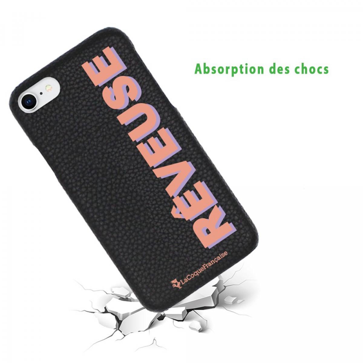 Coque iPhone 7/8/ iPhone SE 2020 effet cuir grainé noir Rêveuse corail et parme Design La Coque Francaise