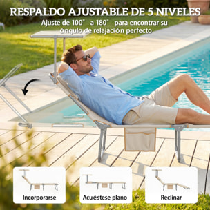 Set de 2 Tumbonas Jardín Exterior, Tumbonas Plegables con Reposacabezas, Dosel 360°, Orificio Facial, Bolsillo Lateral, Respaldo Reclinable 5 Posiciones y Textilene 550 g/m² para Playa, Beige