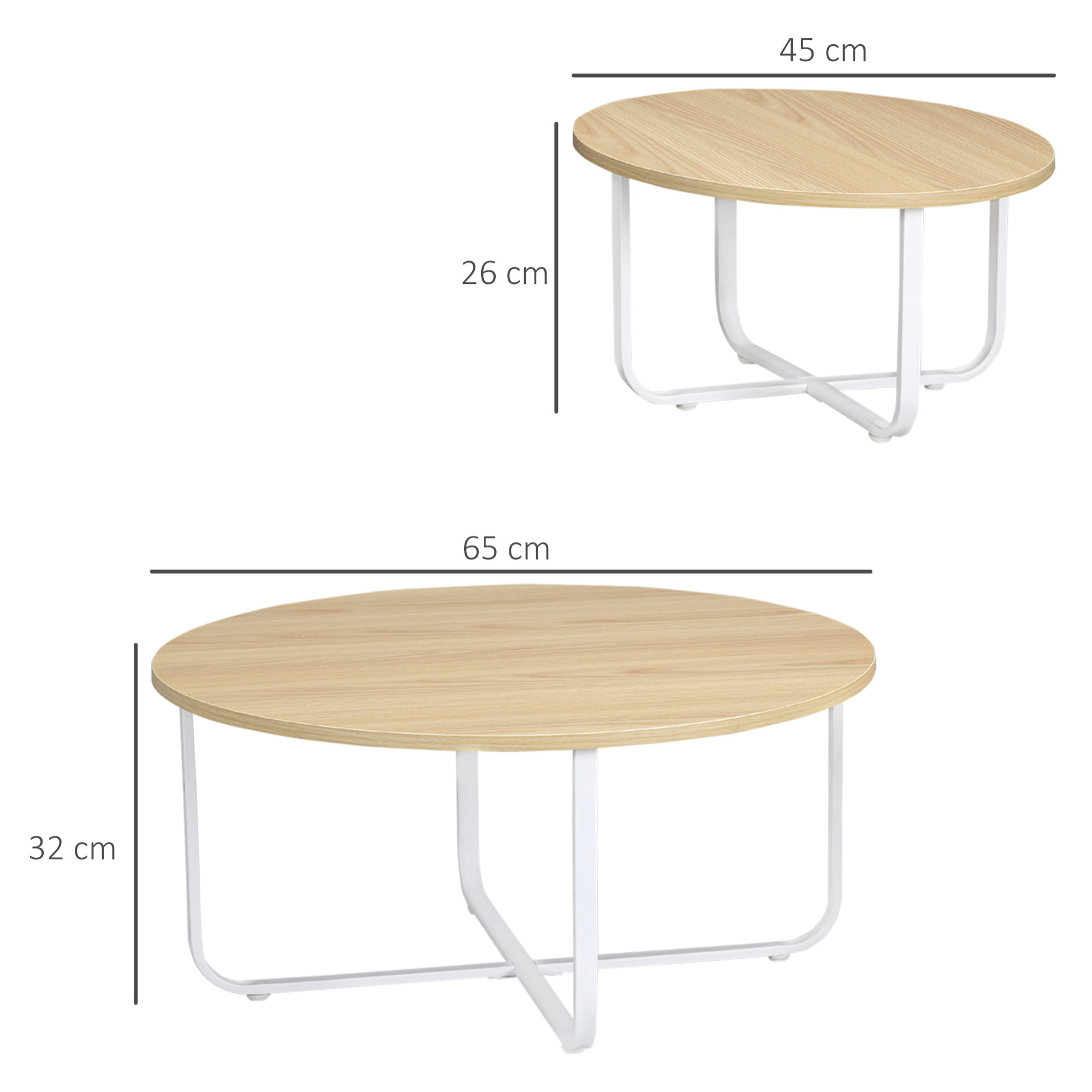 HOMCOM Juego de 2 Mesas de Centro Ø65x32 cm y Ø45x26 cm Mesas de Salón Redondas con Encimera de Madera y Patas de Metal para Domitorio Natural y Blanco