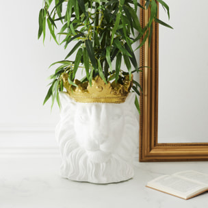 Cache Pot Lion Blanc Couronne Doree D16cm
