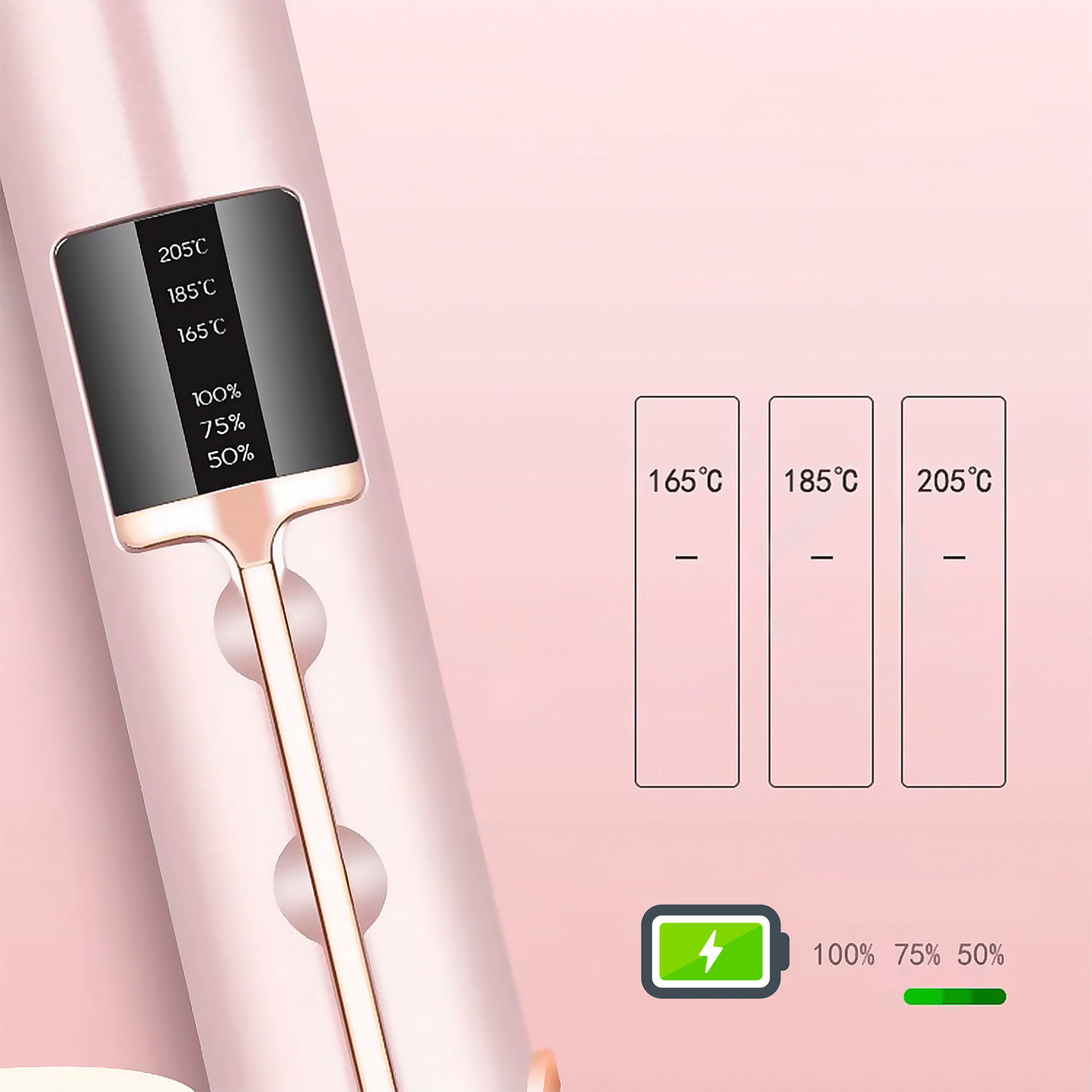 Piastra per capelli wireless 2 in 1, ricci e lisci. Con 3 livelli di potenza e display LED con indicatore di carica.