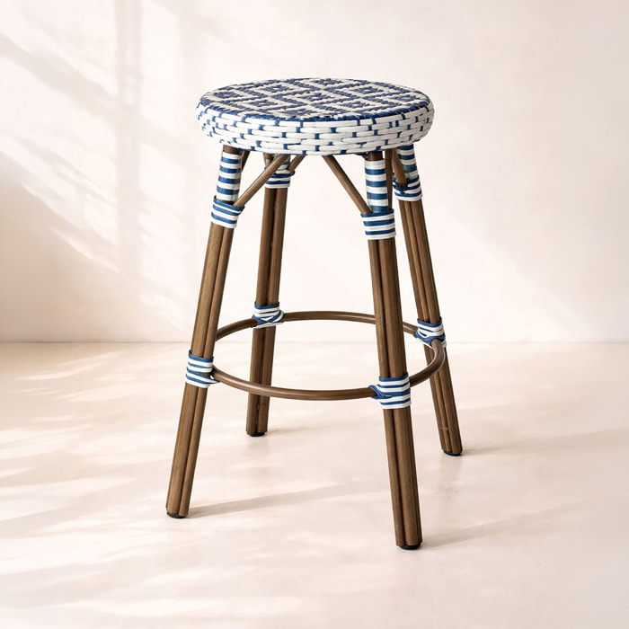 Tabouret de bar d'extérieur en textilène avec effet rotin tressé bleu SCALA