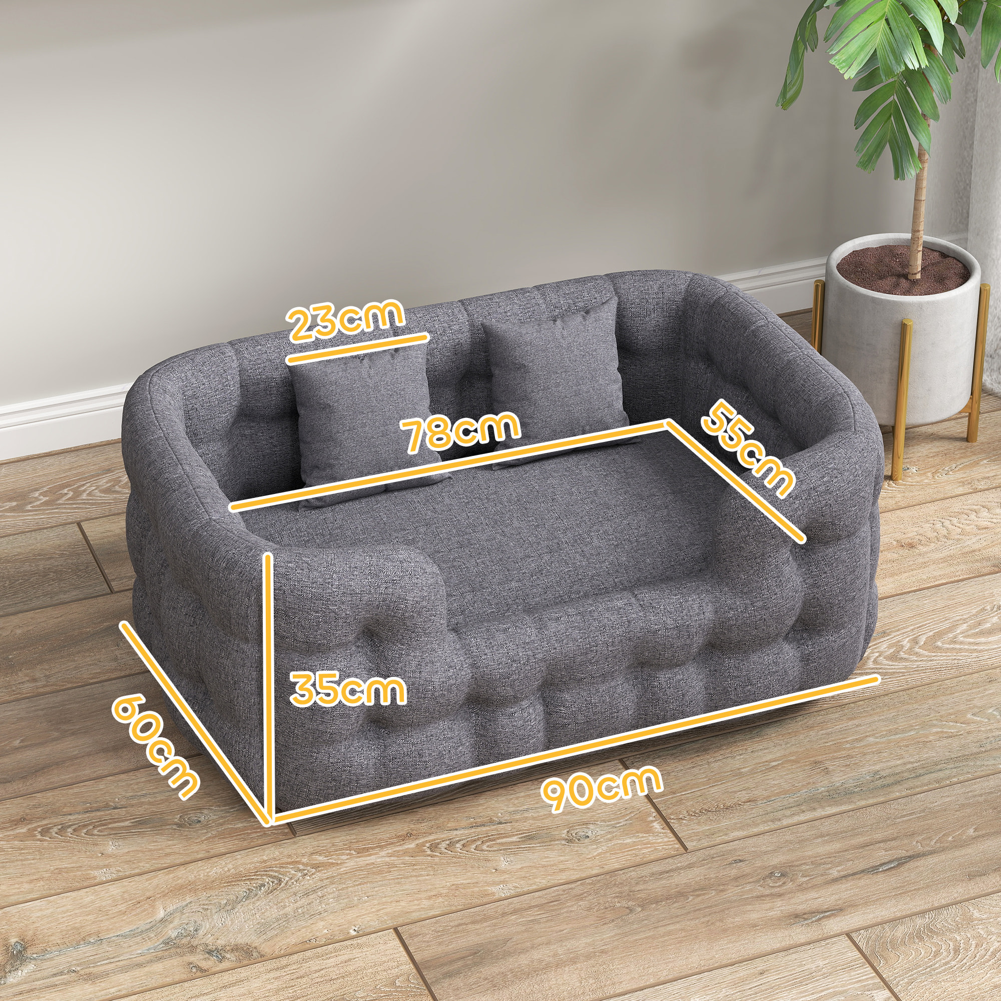 Cama para Perros Medianos Cama para Mascotas con 2 Almohadas Colchón para Perros con Base Antideslizante Funda Extraíble y Lavable 90x60x35 cm Gris