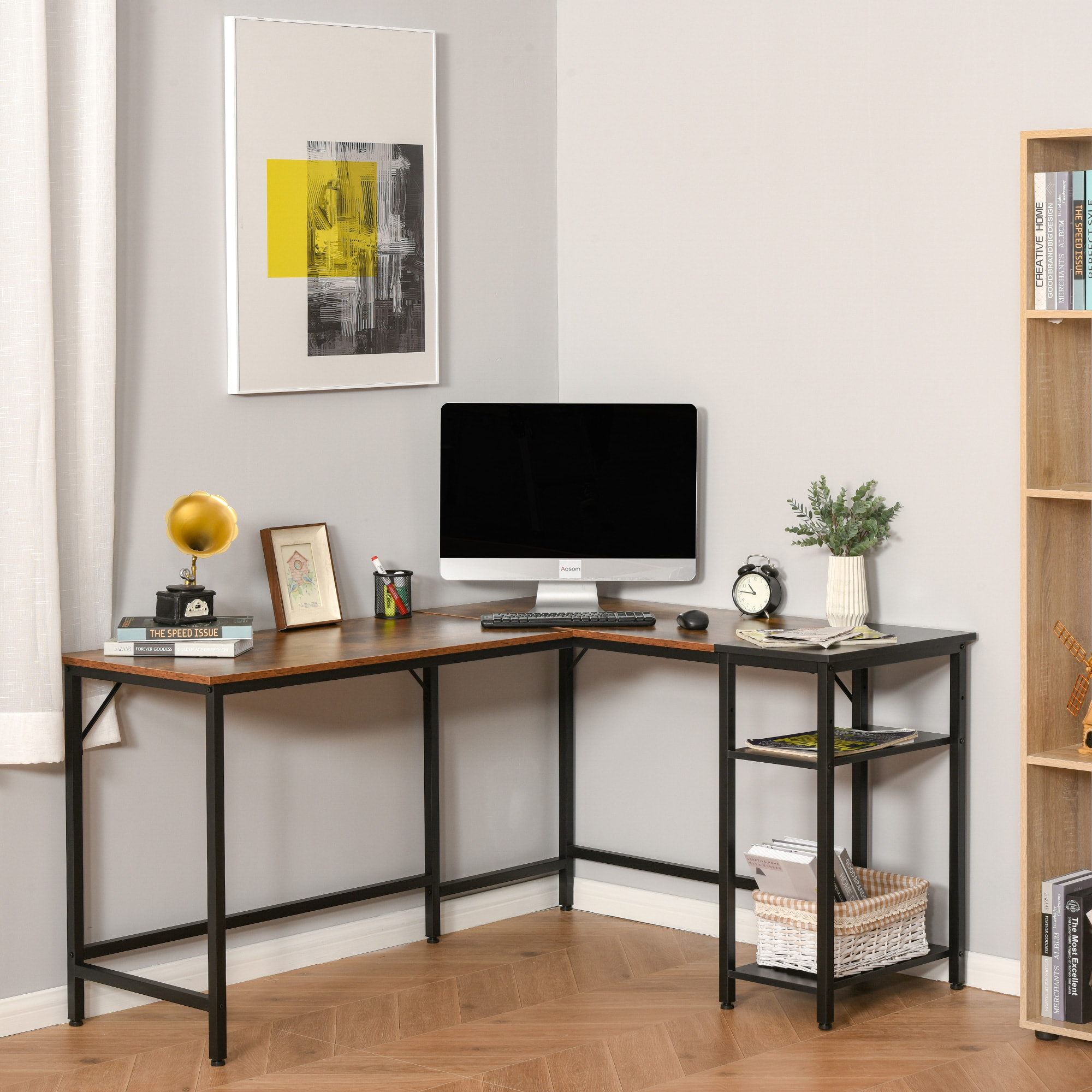Bureau informatique design industriel bureau d'angle 2 tablettes support CPU imprimante aspect vieux bois métal noir