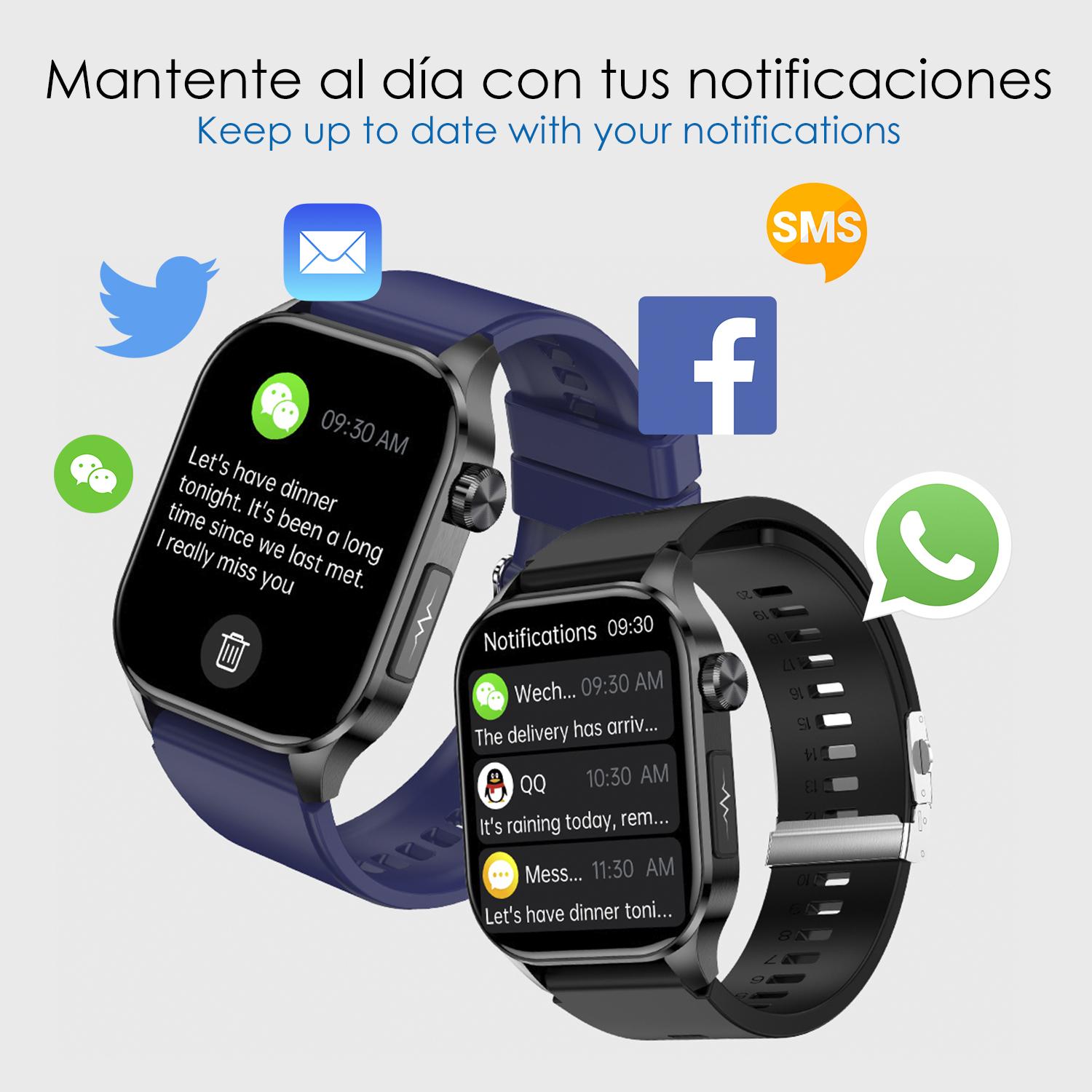 DAM Smartwatch ET580. ECG con banda para pecho, glucosa en sangre, ácido úrico y lípidos, IMC grasa corporal, temperatura, O2 y tensión. 5,3x1,1x4 Cm. Color: Azul Oscuro