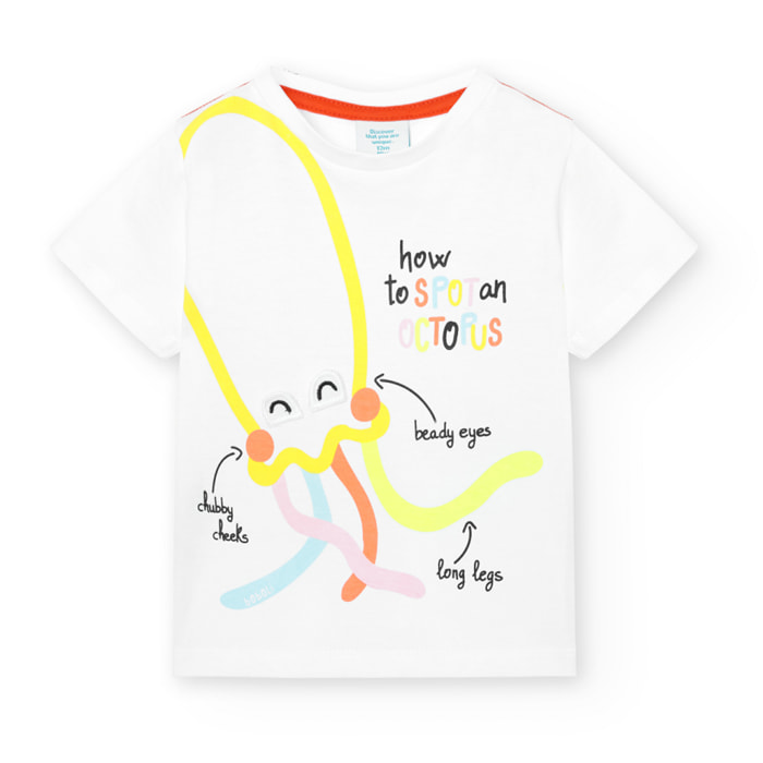 Camiseta niÃ±o, algodÃ³n, estampado, blanco, mangas cortas