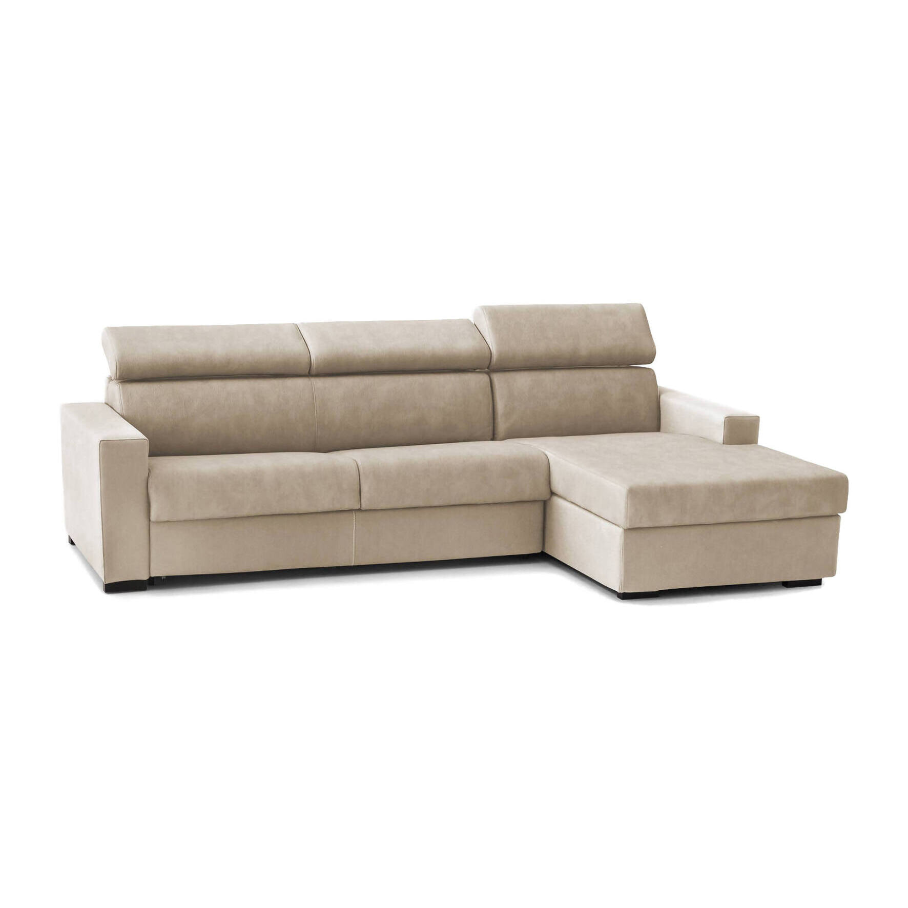 Divano fisso Marica, Divano ad angolo, 100% Made in Italy, Sofà Soggiorno con chaise longue, in tessuto imbottito - Penisola contenitore Destra, con Braccioli standard, Cm 280x95h85, Beige