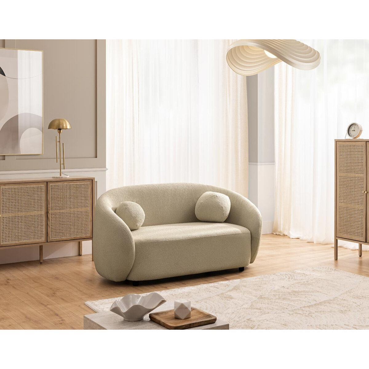 Flore - Canapé droit 2 places en tissu bouclette - Taupe