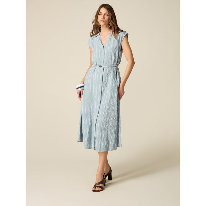 Oltre - Vestito chemisier gessato con cintura - Azzurro