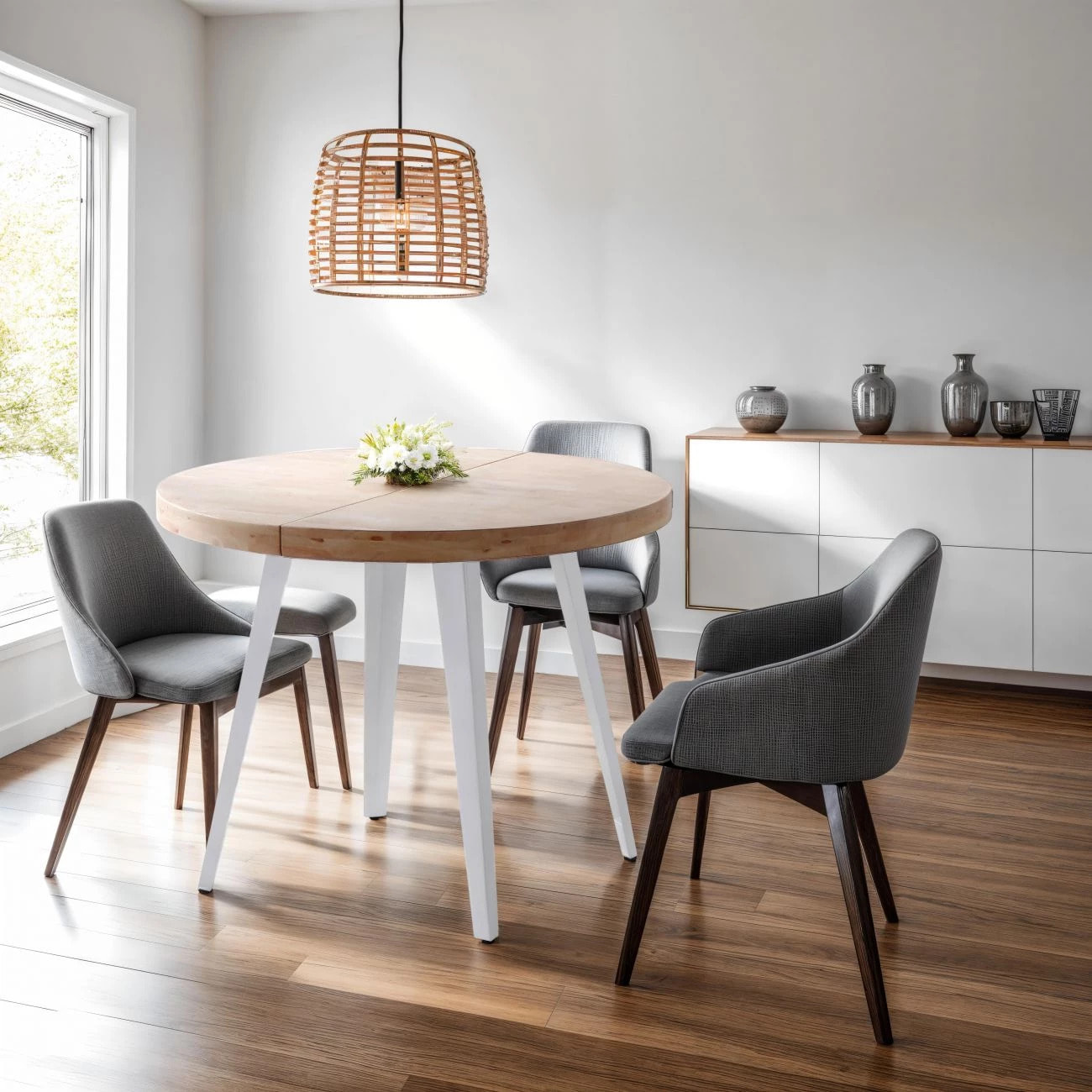 Mesa de comedor redonda extensible en blanco y roble 120-200x120 cm Berg Blanco - Roble