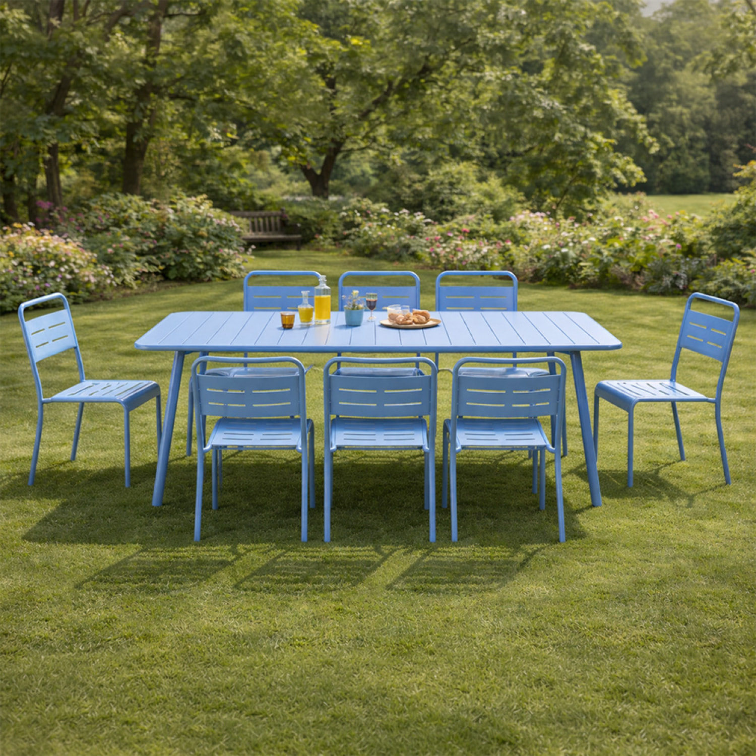 Ensemble table de jardin 200 cm et 8 chaises bleu EVORA