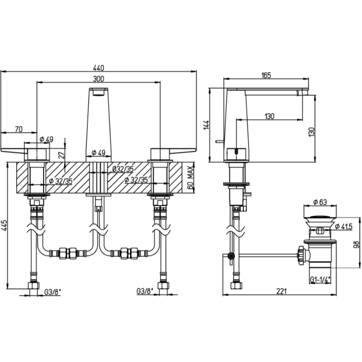 Mitigeur lavabo 3 trous Conum sans tirette Chrome