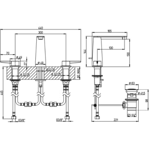 Mitigeur lavabo 3 trous Conum sans tirette Chrome