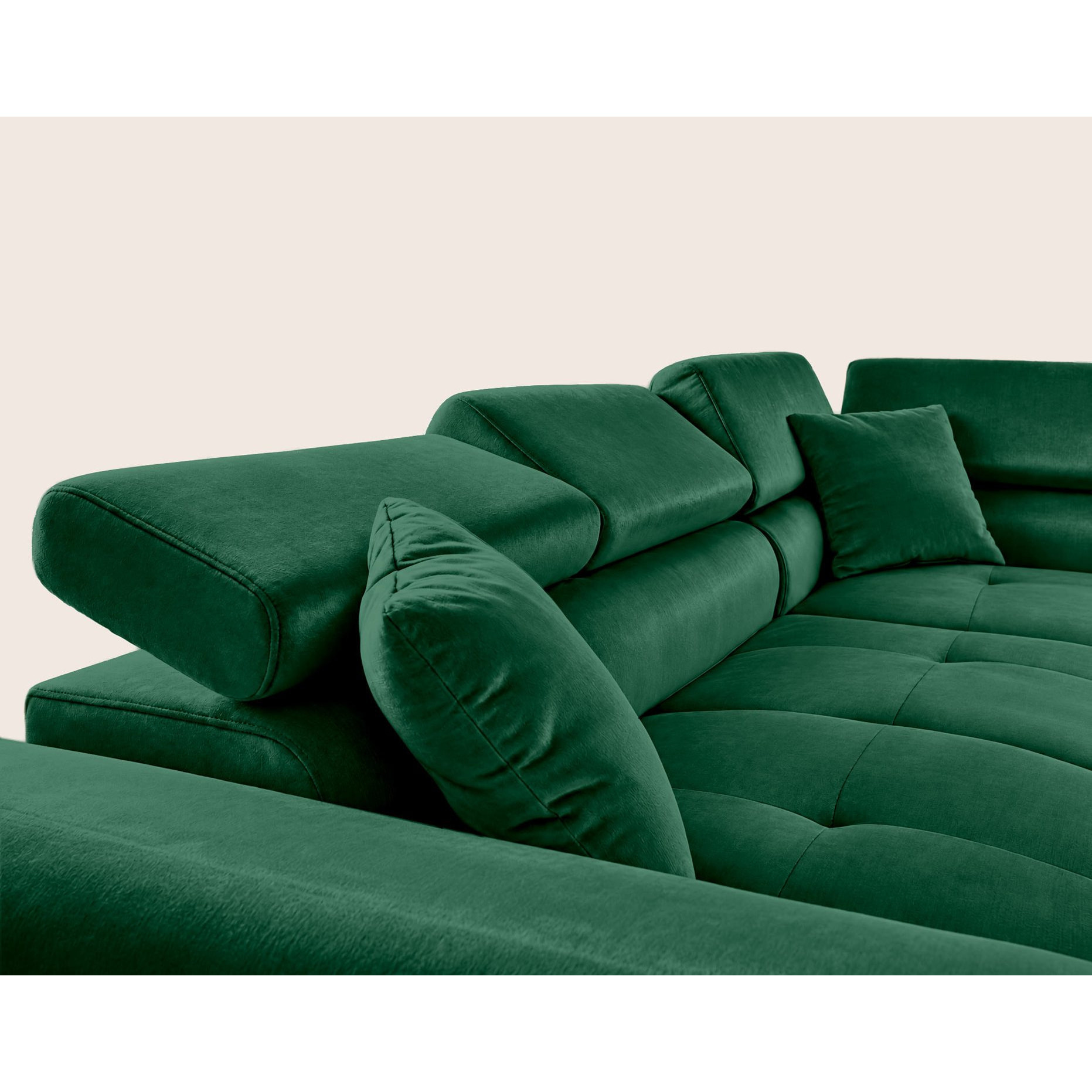 Dimas - canapé d'angle droit 5 places - convertible avec coffre et têtières réglables - en velours - Vert
