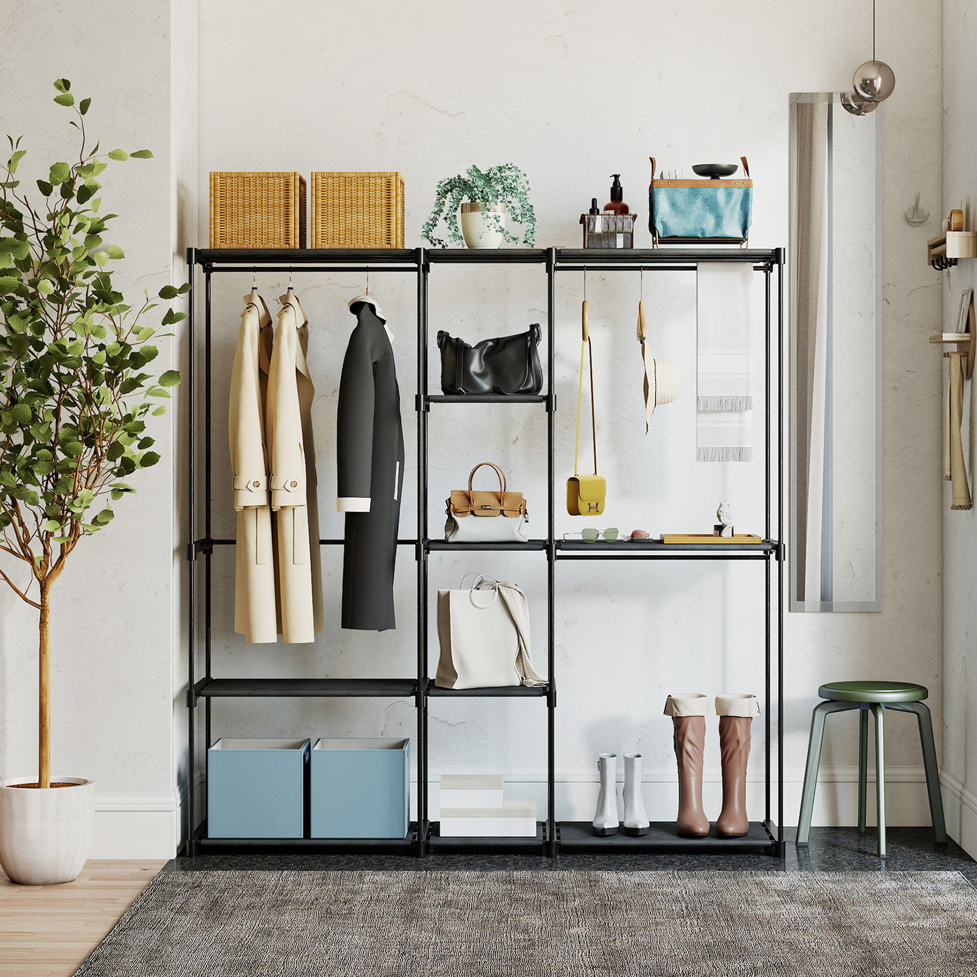 Armario de Ropa, Perchero, 182x43x185 cm, Armario Abierto con 8 Estantes de Tela, Barras para Colgar, Marco de Metal, para Dormitorio, Salón, Vestidor, Negro