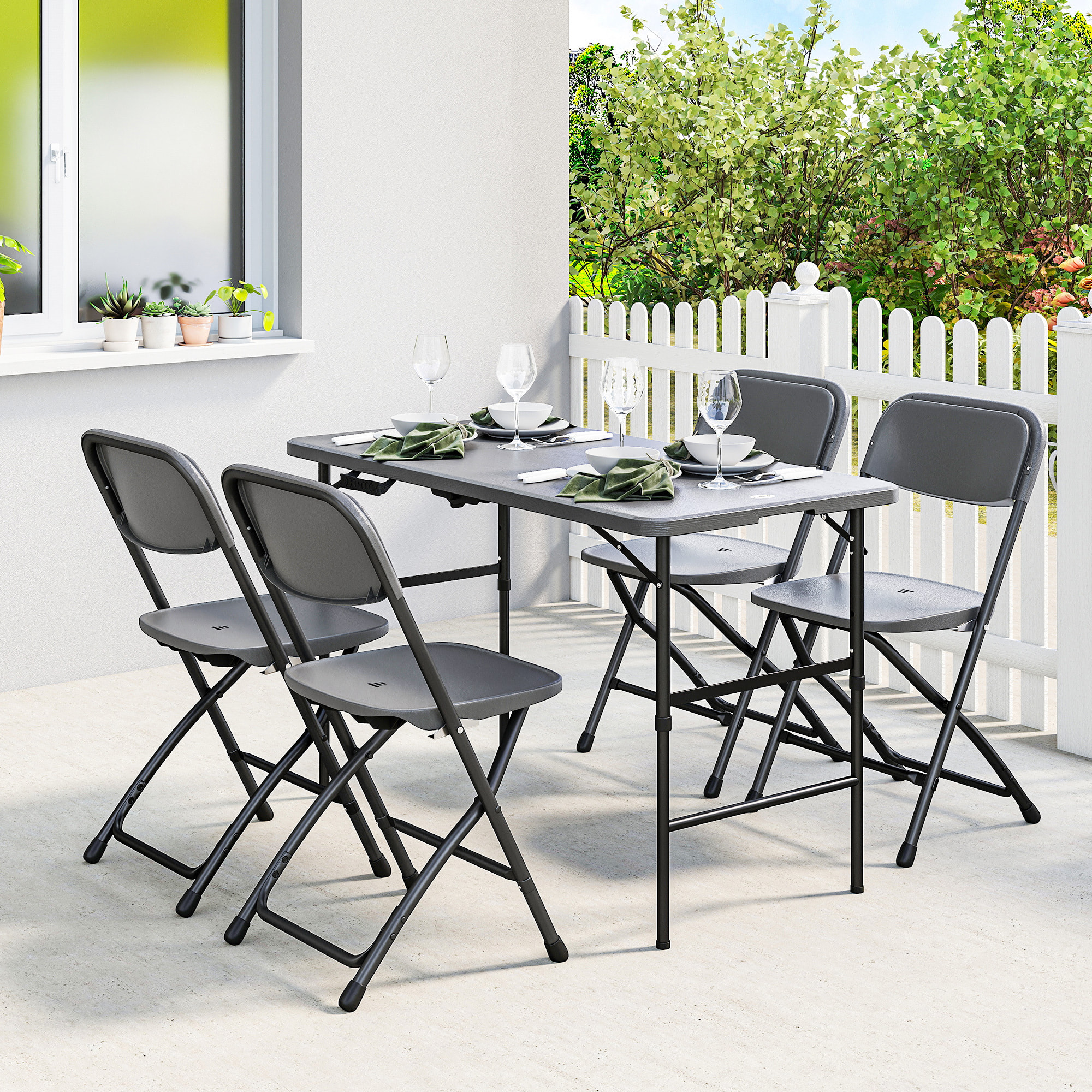 Conjunto de Mesa y Sillas Jardín de 5 Piezas, Muebles de Jardín Exterior con Mesa Plegable Ajustable de 55 a 74 cm, 4 Sillas Plegables y Encimera de HDPE, para Terraza Patio, Gris Oscuro