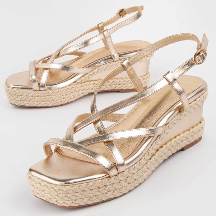 Sandalia De Cuña - Dorado - Altura: 7 Cm