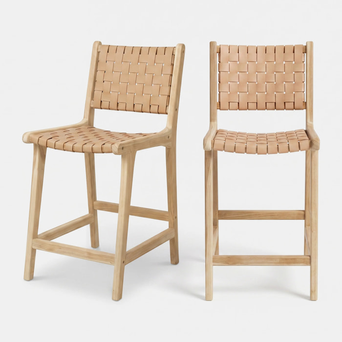 Lot de 2 chaises pour îlot central 66,5 cm en teck, cuir tressé beige - Kuna