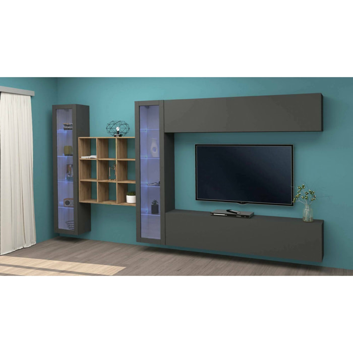 Parete attrezzata Avella, Set salotto porta TV a 4 ante, Mobile soggiorno multiuso con vetrina e luce LED, 100% Made in Italy, cm 350x30h180, Antracite