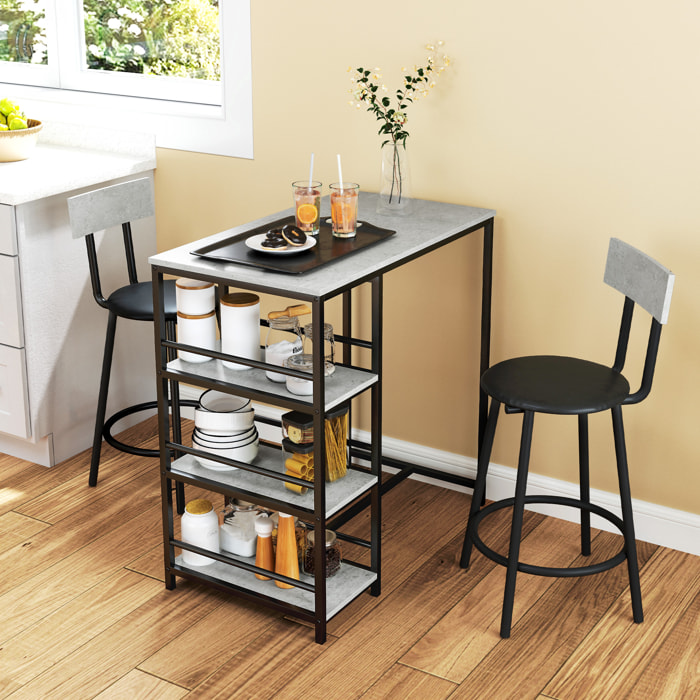 Conjunto de Mesa Alta de Bar con 2 Taburetes Mesa Alta de Cocina con Taburetes Estantes Laterales Asiento Acolchado y Barra para Descanso de Pies para Comedor Gris Oscuro