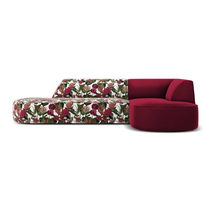 Canapé d'angle droit "Charles" 4 places en velours motif de rose de jardin,rouge