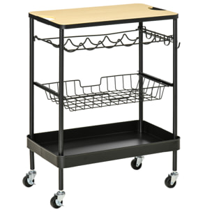 HOMCOM Carro de Cocina con Ruedas Carrito de Servicio Multiuso con Botellero Cesta Extraíble Bandeja y 4 Ganchos para Comedor Salón 60,5x35,5x75 cm Negro y Roble