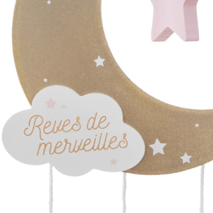 Suspension enfant "Lune" - bois et coton - rose - H46 - 5 cm