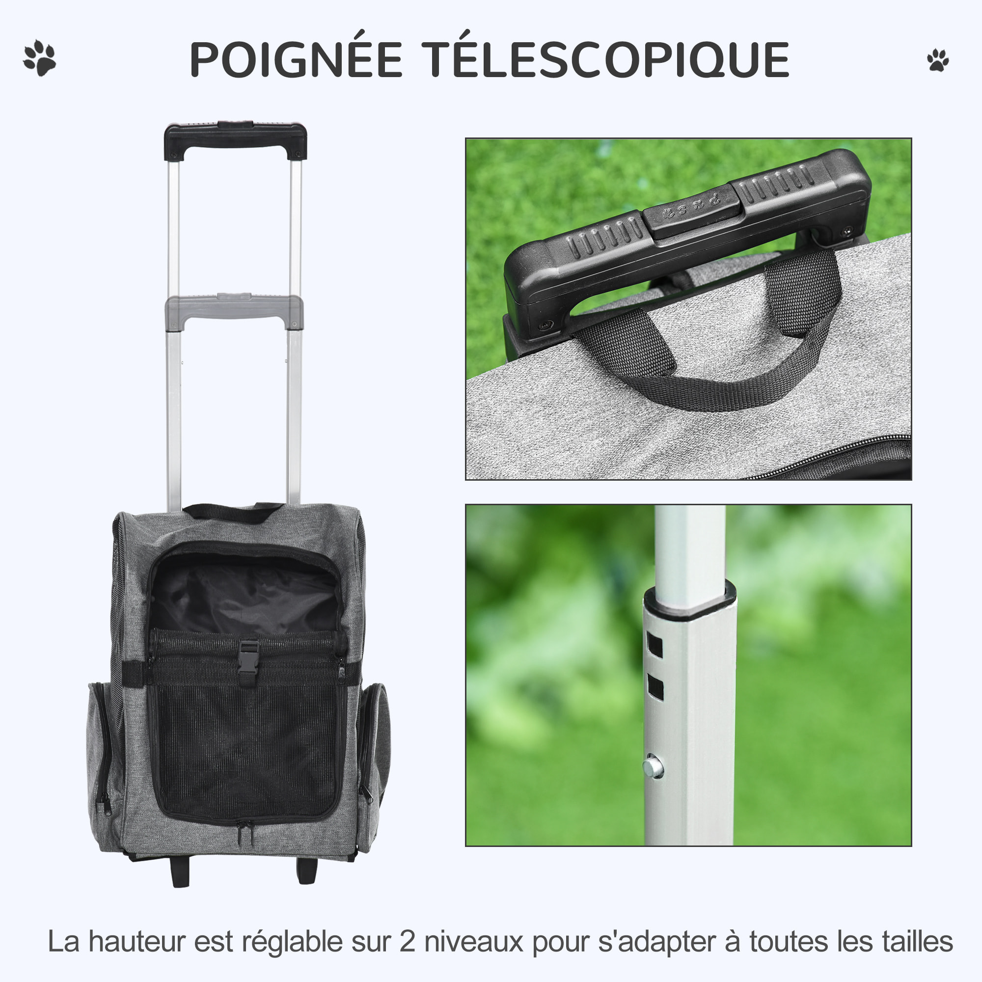 2 en 1 trolley chariot sac à dos sac de transport à roulettes pour chien chat gris