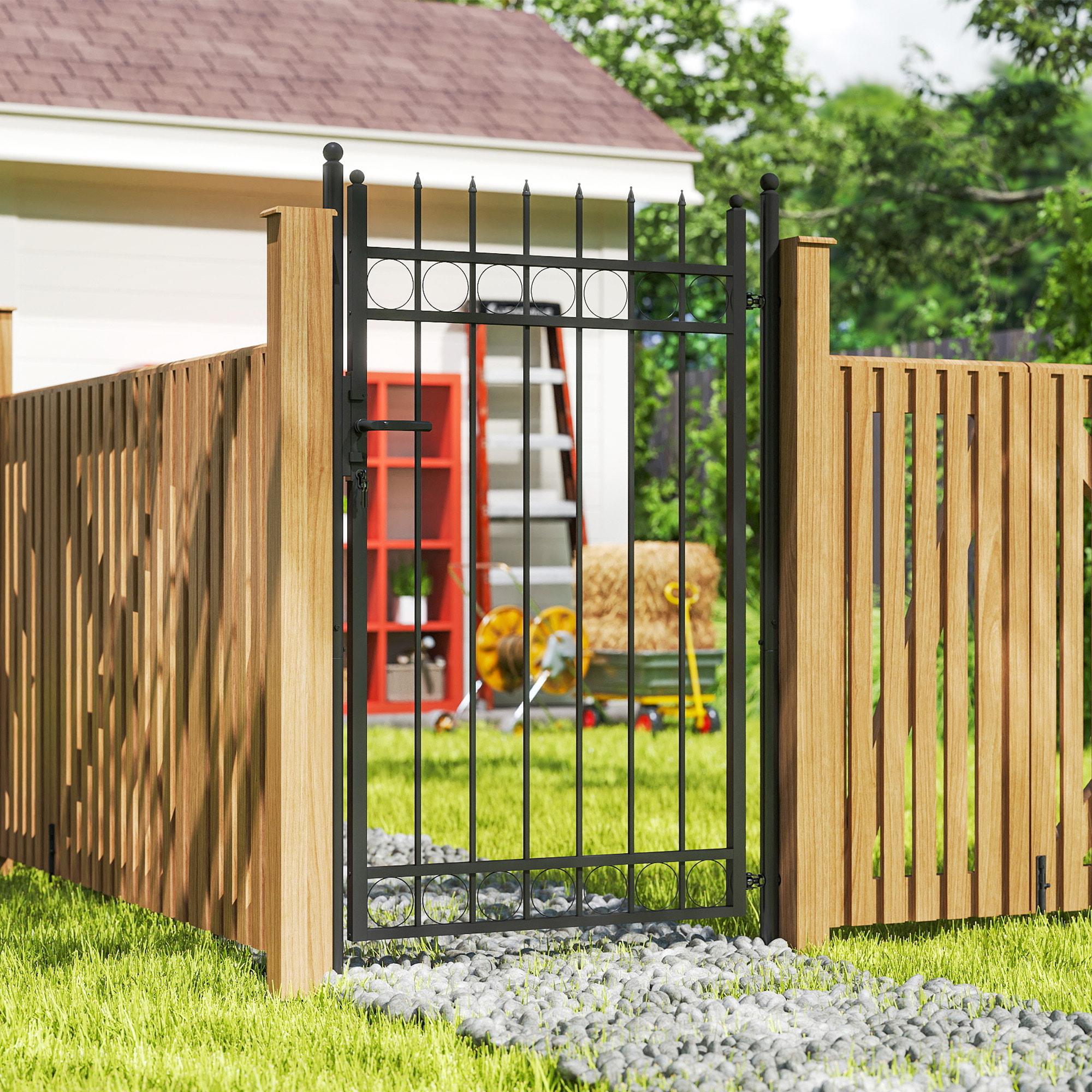 Puerta de Jardín 147,5x89 cm Puerta para Valla de Barra de Acero Galvanizado con Asa Cerradura y 3 Llaves para Exterior Patio Negro