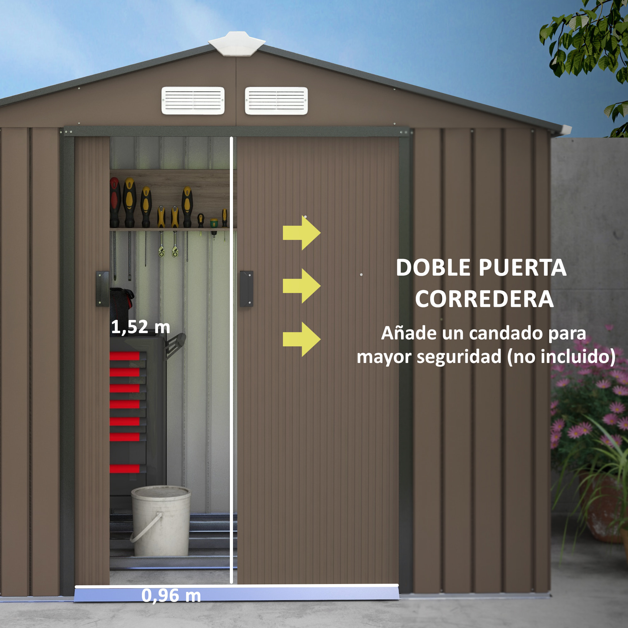 Cobertizo de Jardín con Base 213x130x185 cm Caseta de Jardín Exterior con 2 Puertas Correderas y 4 Ventanas para Almacenamiento de Herramientas Marrón