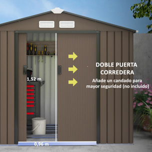 Cobertizo de Jardín con Base 213x130x185 cm Caseta de Jardín Exterior con 2 Puertas Correderas y 4 Ventanas para Almacenamiento de Herramientas Marrón