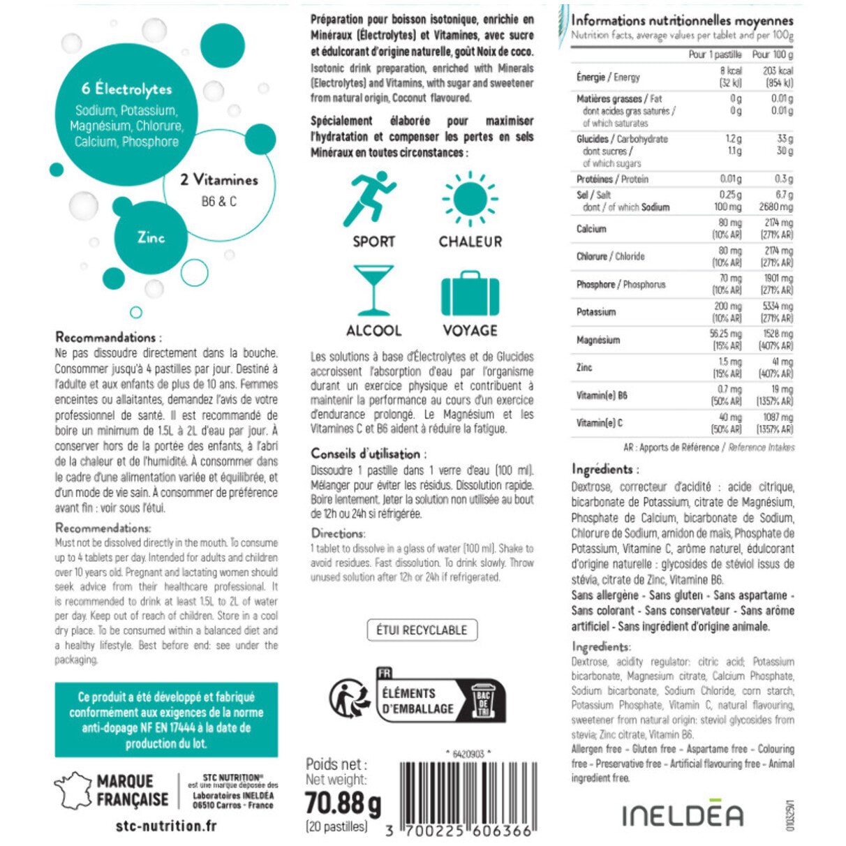 STC NUTRITION - Hydra+ - Préparation pour boisson isotonique à base d'Électrolytes, Vitamines, sucre et édulcorant naturels - Optimise l'hydratation - 20 Pastilles