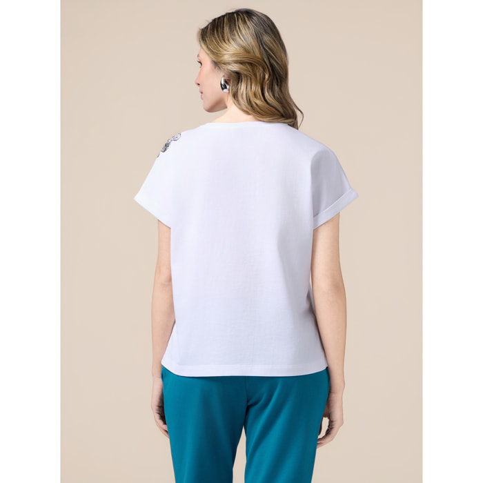 Oltre - Camiseta de punto jersey con estampado y aplicaciones - Blanco