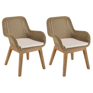 KALLY - Lot de 2 fauteuils jardin rotin synthétique et coussin, pieds droits