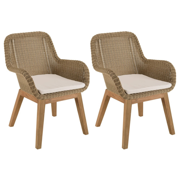KALLY - Lot de 2 fauteuils jardin rotin synthétique et coussin, pieds droits