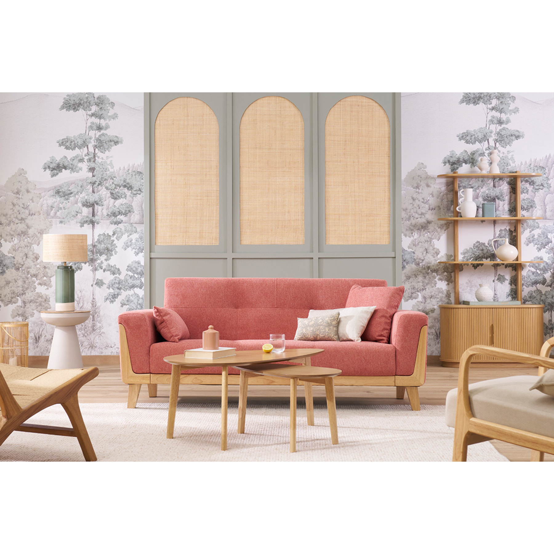 Canapé scandinave 3 places en tissu effet velours vert kaki et bois clair FJORD