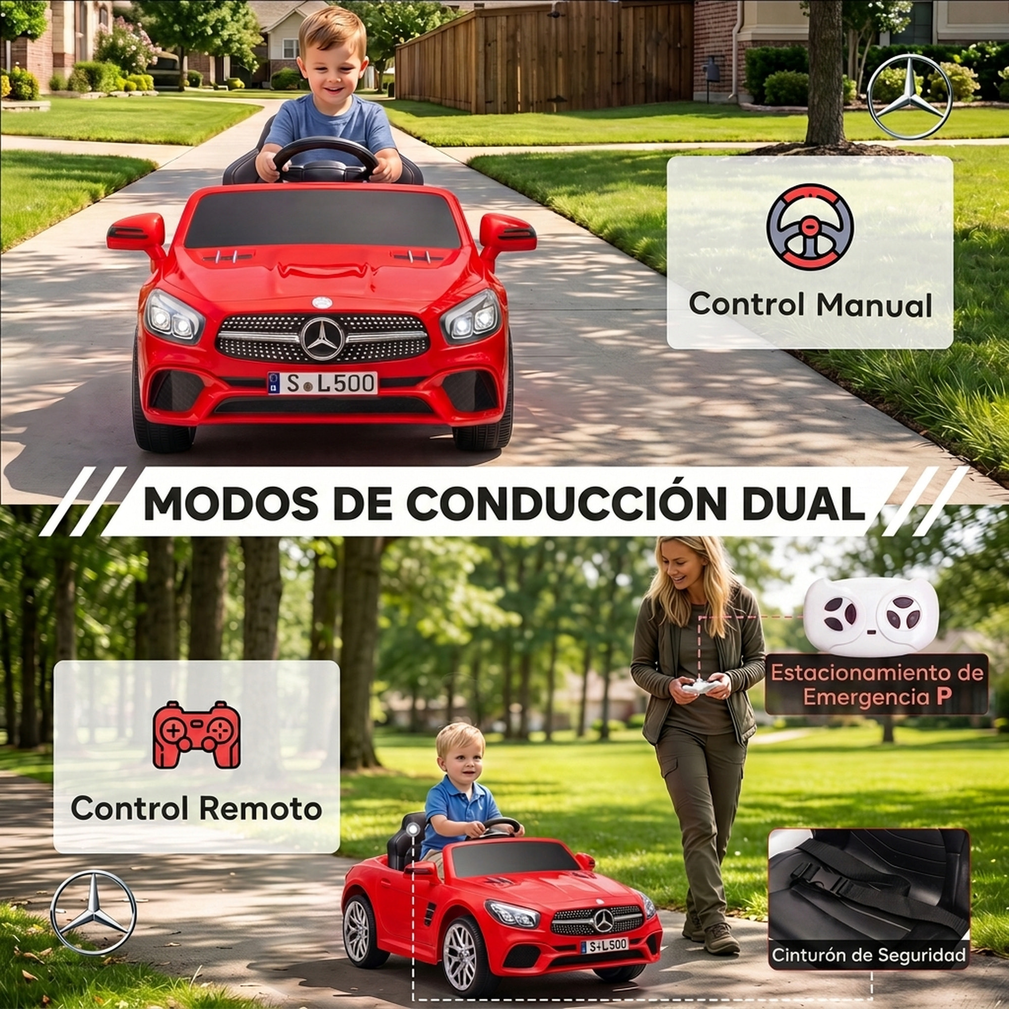 AIYAPLAY Coche Eléctrico para Niños Mercedes-Benz SL500 Coche de Batería Litio 12V con Mando a Distancia 2,4 G 2 Motores Suspensión Arranque Suave Luces Música Claxon Bluetooth 3-5 Años 3-5 km/h Rojo