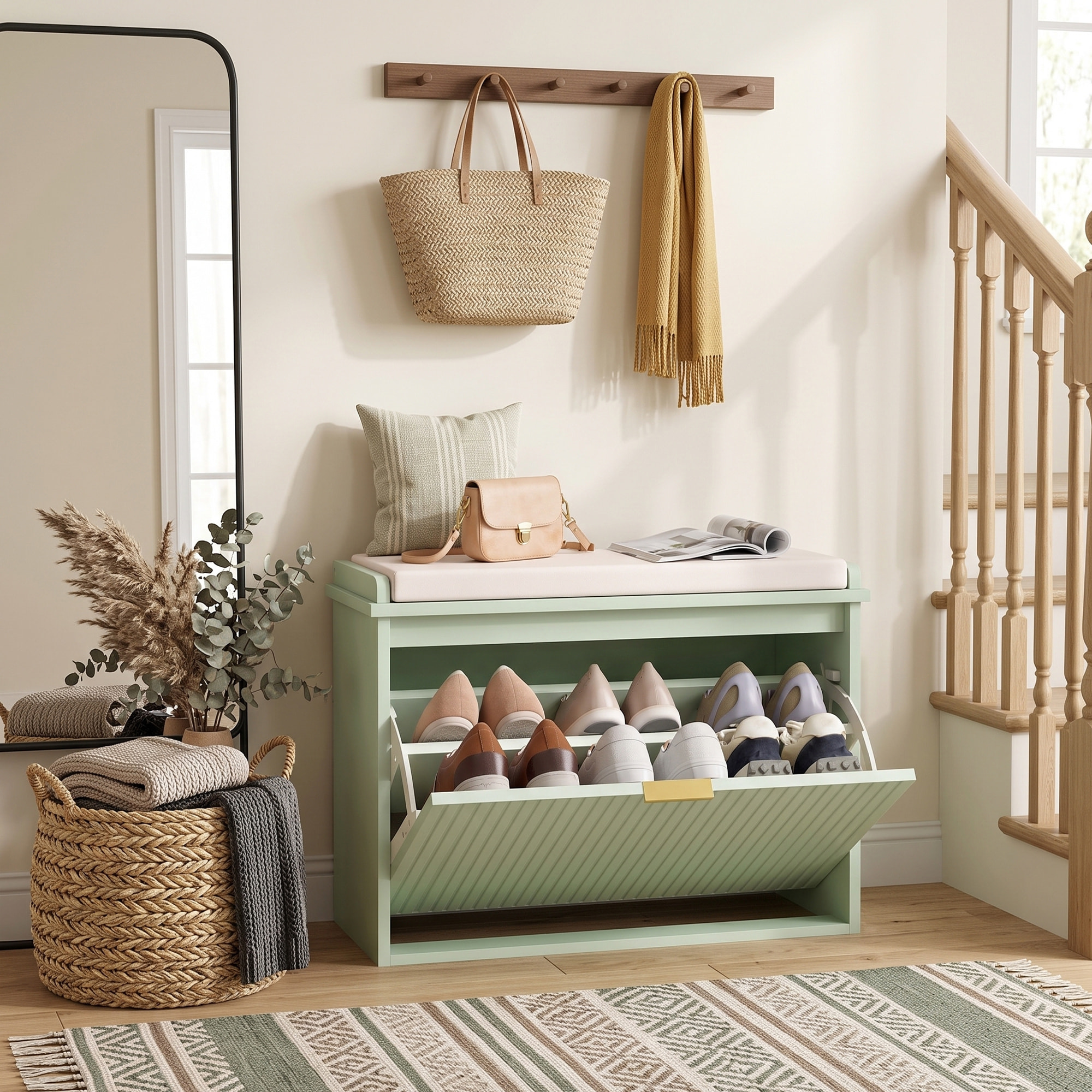 Banc meuble à chaussures design 2 en 1 - porte, séparateur réglable amovible - vert doré