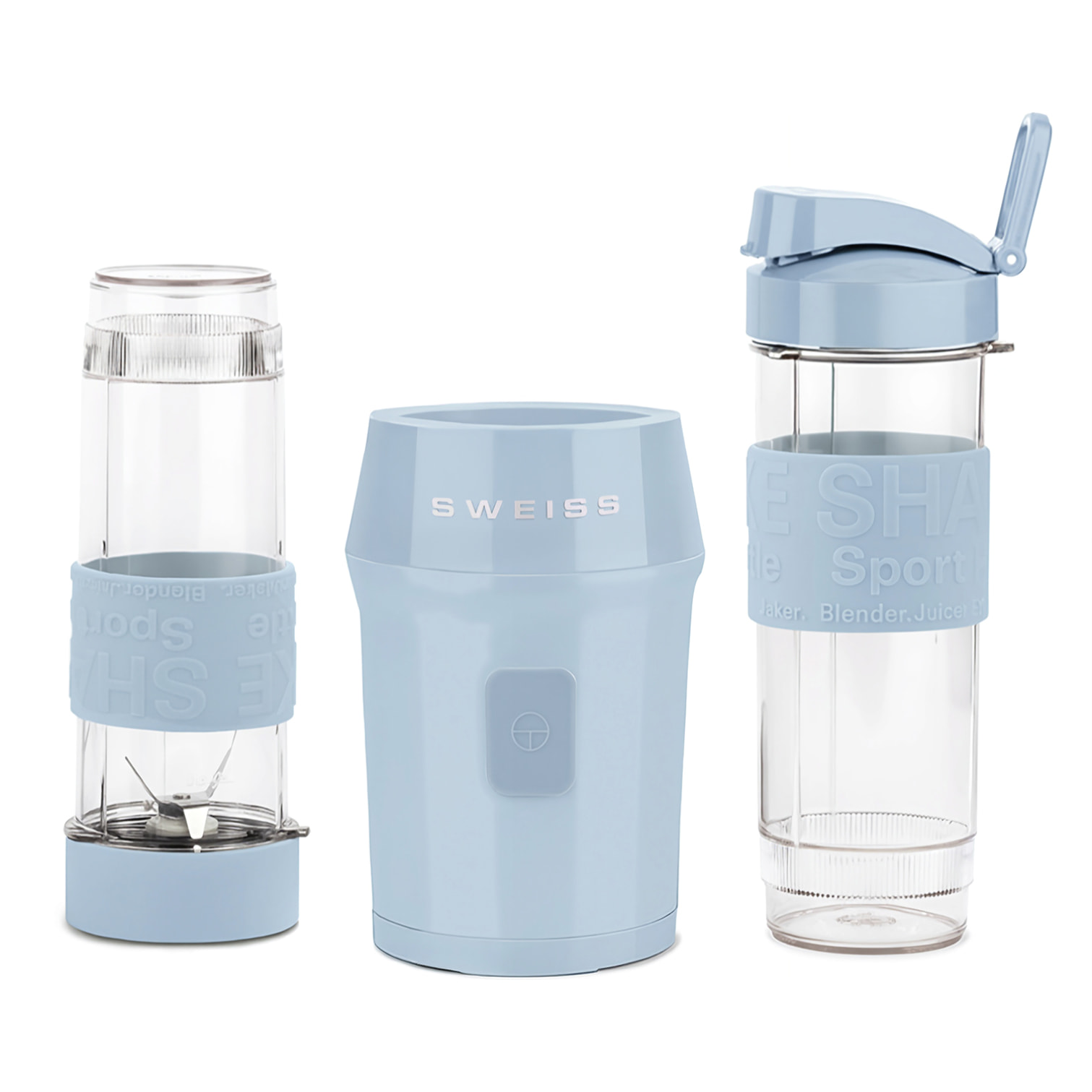 SWEISS Mini Batidora Portátil MOOV6, 2 Botellas de 570 ml con Tapas de Viaje, 4 Cuchillas de Acero Inoxidable, 300W, Azul