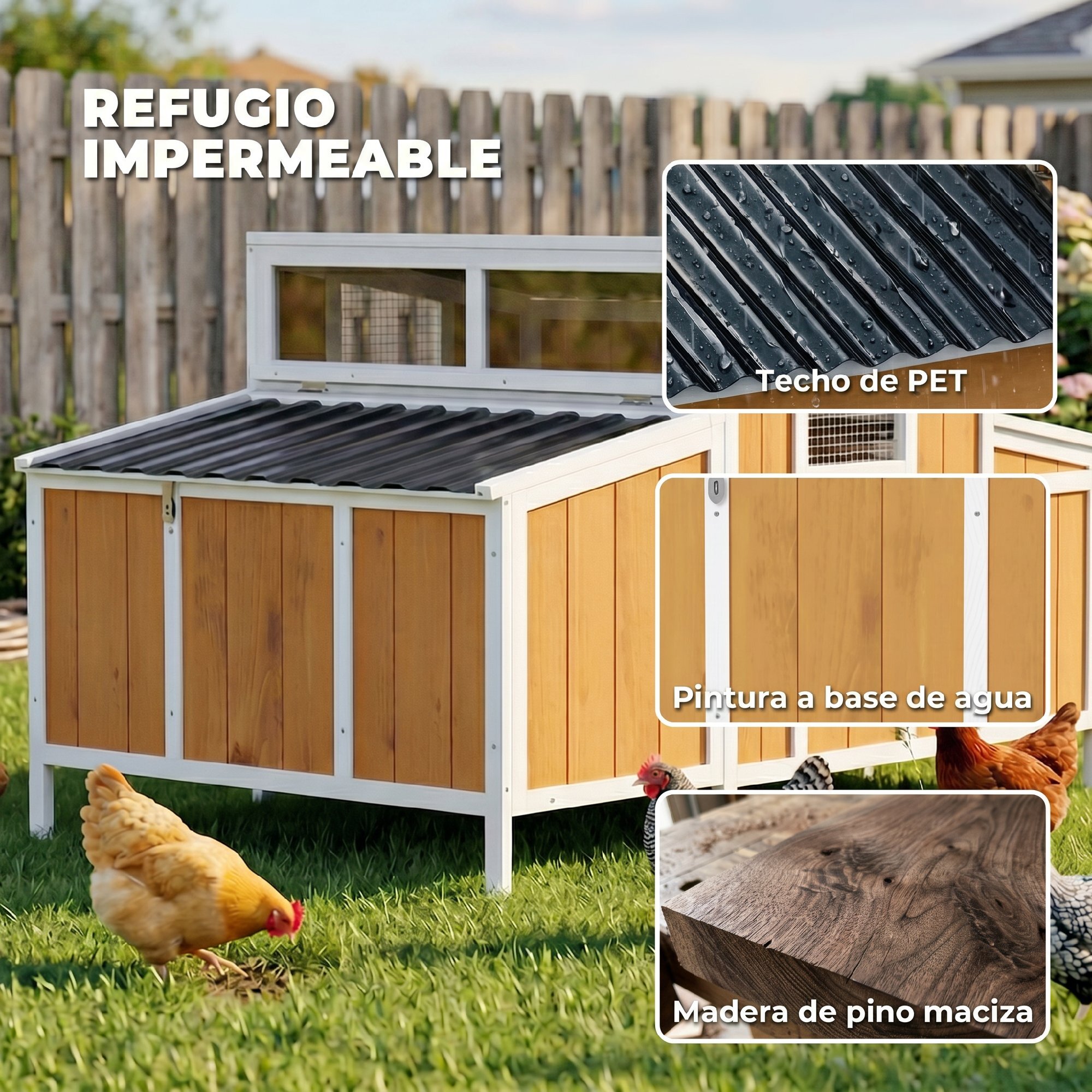 Gallinero para Exterior de Madera, 145x90x92 cm, para 2-4 Gallinas, Gallinero con Nido, Casa Lateral, Bandeja Extraíble, Techo Impermeable, Puertas con Cerradura, Perchas, Conejera, Amarillo