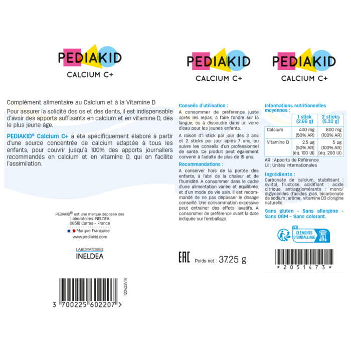 PEDIAKID - Calcium C+ et Vitamine D - Complément Alimentaire Naturel - Couvre 100% des AJR en Calcium - Maintien du capital osseux et dentaire - Goût Cola - Sticks de poudre orodispersible - Lot de 3