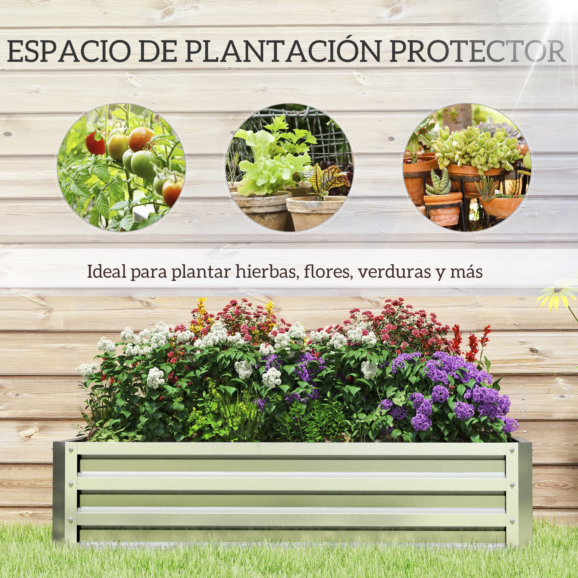 Jardinera Exterior Grande de Acero Galvanizado, Huerto Urbano Elevado para Cultivar Plantas, Flores, Hierba, Macetero Exterior Rectangular con Fondo Abierto, 120x60x30,5 cm, Plata
