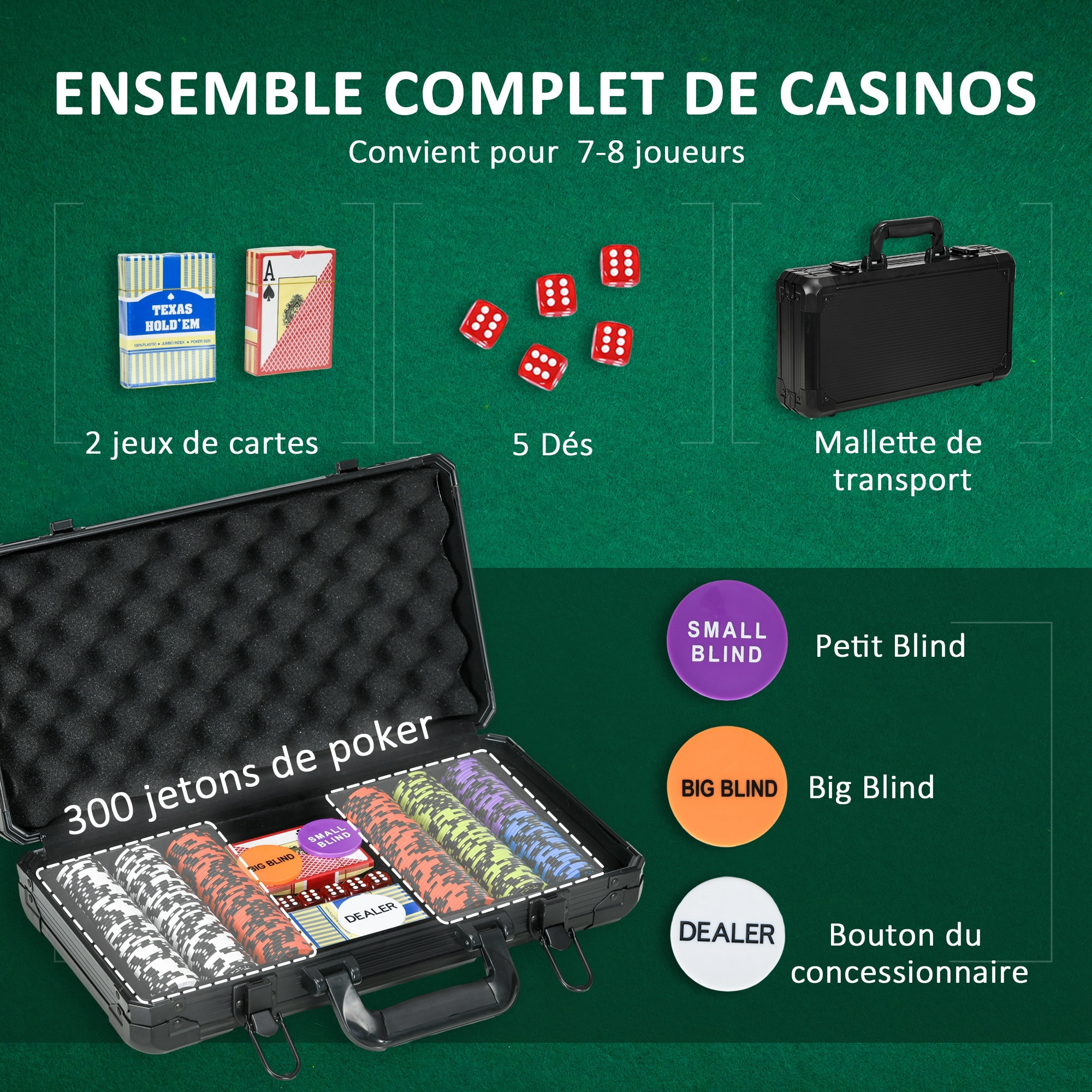 Mallette pro de poker coffret pro poker 300 jetons 2 jeux cartes 5 dés 3 boutons aluminium noir