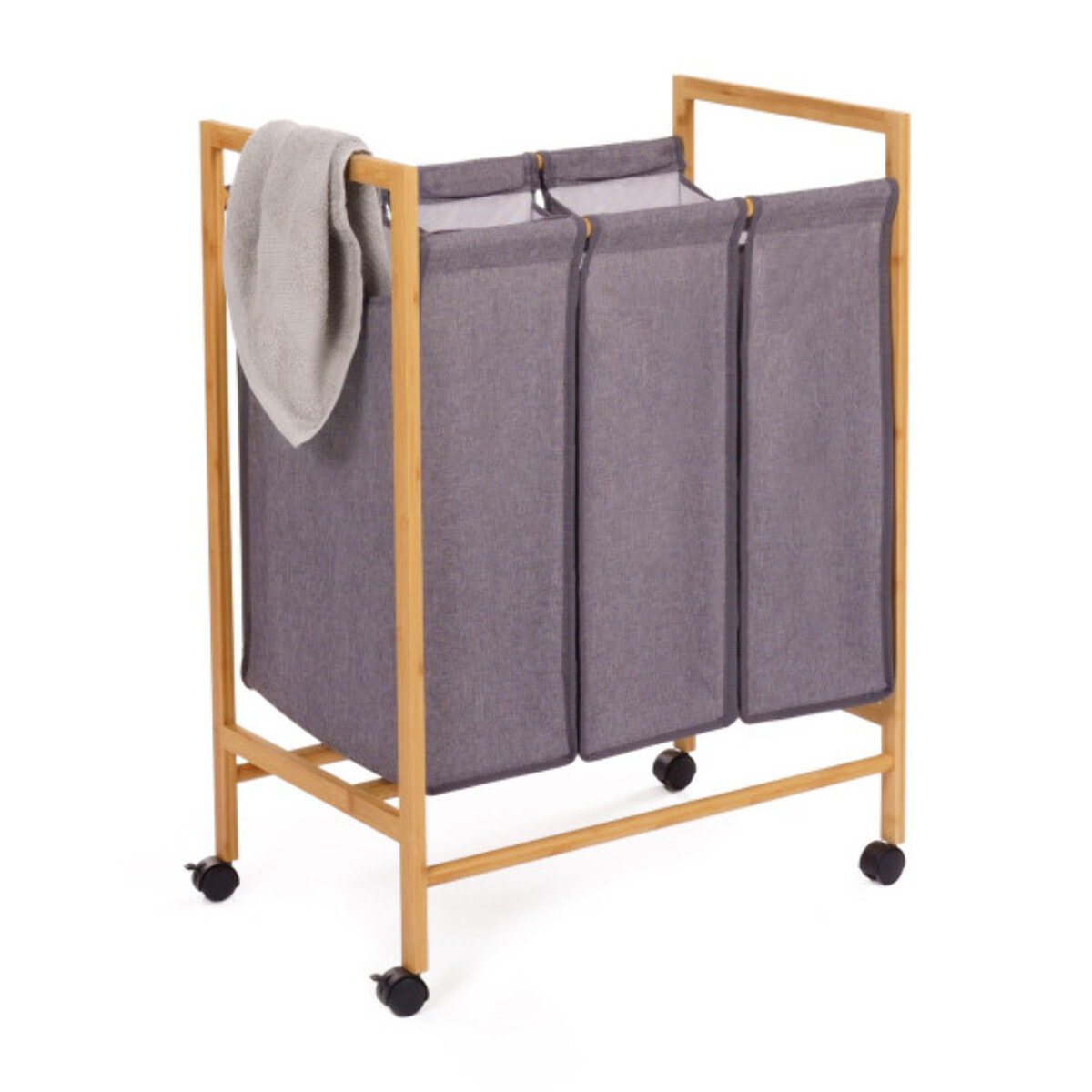 Panier à linge 3 compartiments Maya en bambou avec roulettes