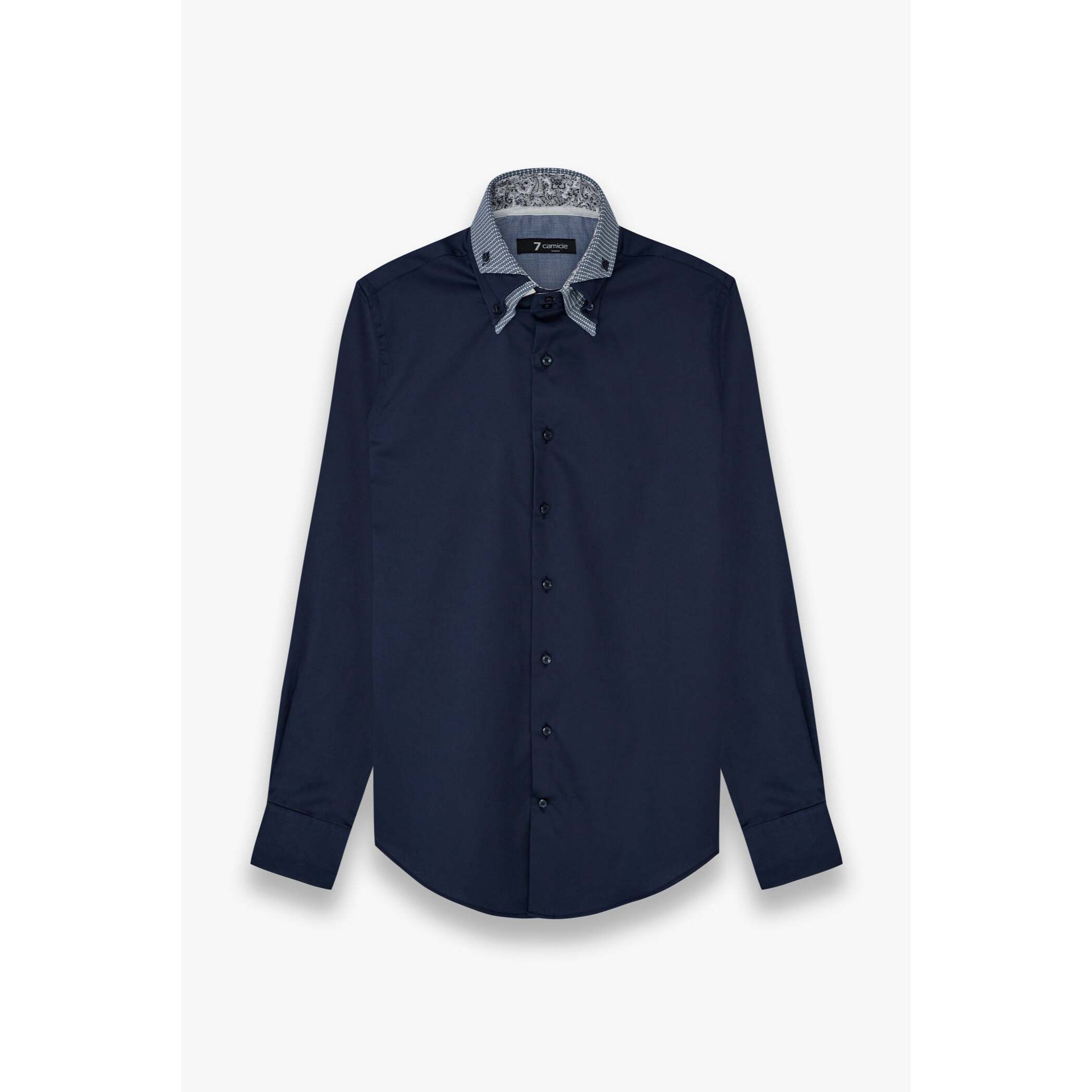 Camicia Uomo 2 Bottoni Button Down Triplo Collo Slim Satin Unito Blu
