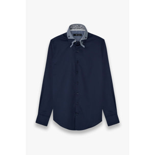 Camicia Uomo 2 Bottoni Button Down Triplo Collo Slim Satin Unito Blu